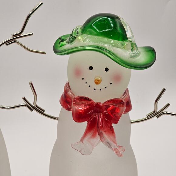 Christmas Snowman Figurines Frosted Glass Acrylic Set Blue Green Red Hats Retro - Picture 4 of 8